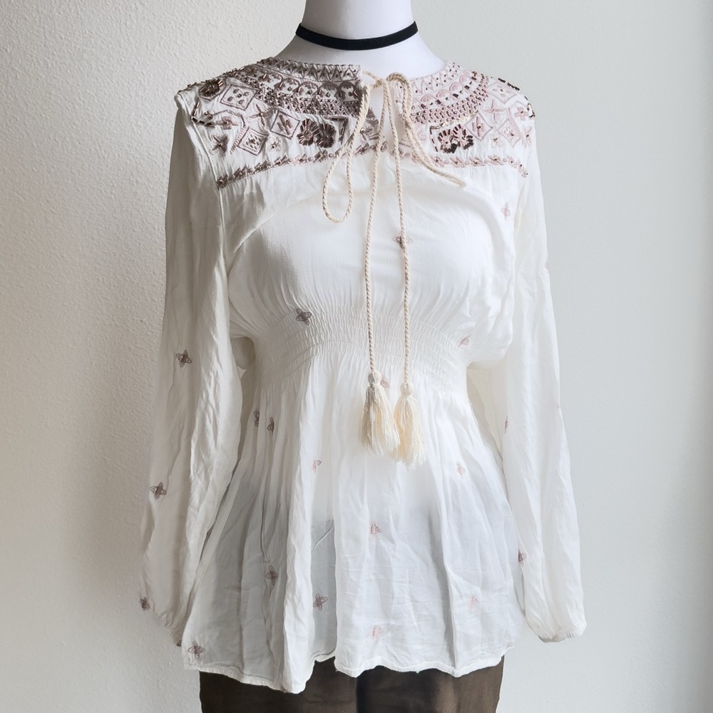 Fate White Boho Embroidered Tie-Neck Blouse